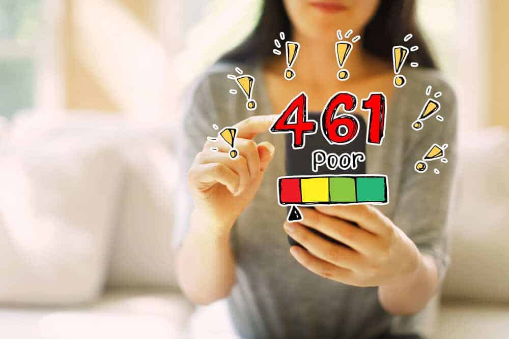 A person holds a smartphone displaying a credit score of 461, labeled "Poor," with warning symbols and a color scale—emphasizing the importance of seeking attorney or lawyer advice for credit issues.